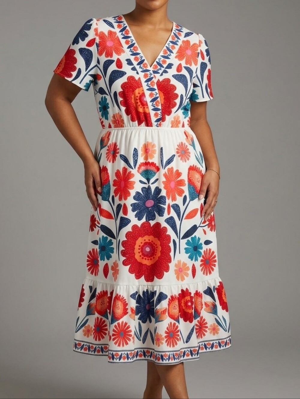 Boho Floral Wrap-Style V-Neck Midi Dress with Ruffle Hem – Size Medium - NWT!